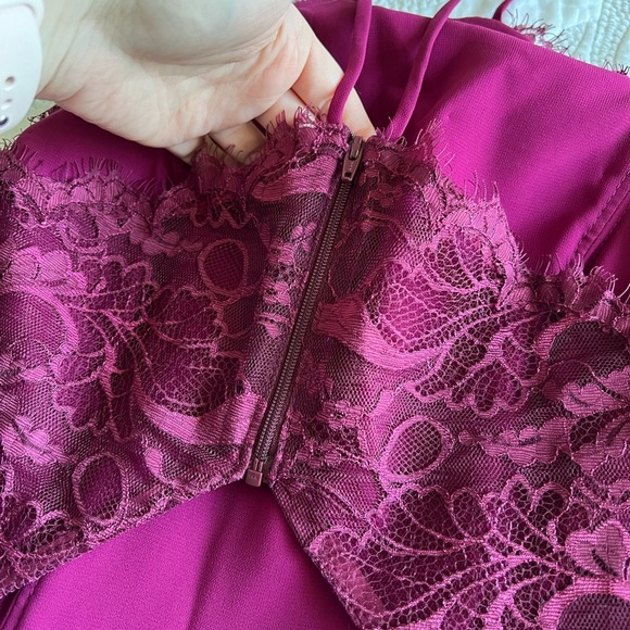 Hayley Paige Occasions - Chiffon Halter Lace Dress - Style 5715 - Flamingo - Picture 8 of 13